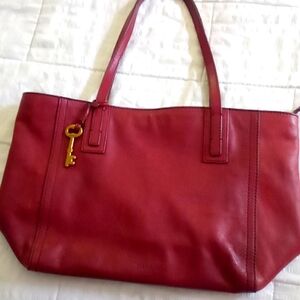 Vintage Fossil Deep Red 2 handle Handbag w/Logo Key